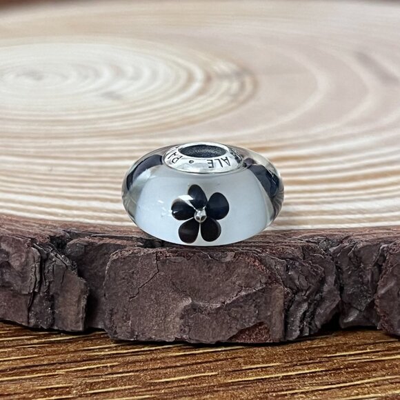 Murano Glass Black Flower White Clear Bead Charm - Picture 5 of 6